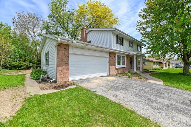 9530 W Debbie Ln, Milwaukee, WI 53224 - view of front of house featuring brick siding, a garage, a chimney, asphalt driveway, and a front lawn