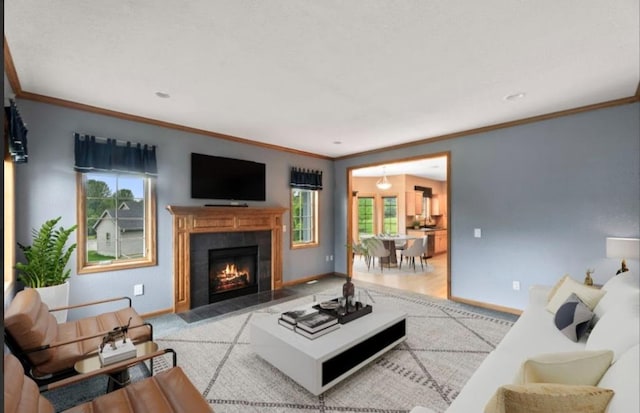 2605 River Ridge Drive, Waukesha, WI 53189 - living area featuring baseboards, a fireplace with flush hearth, and crown molding