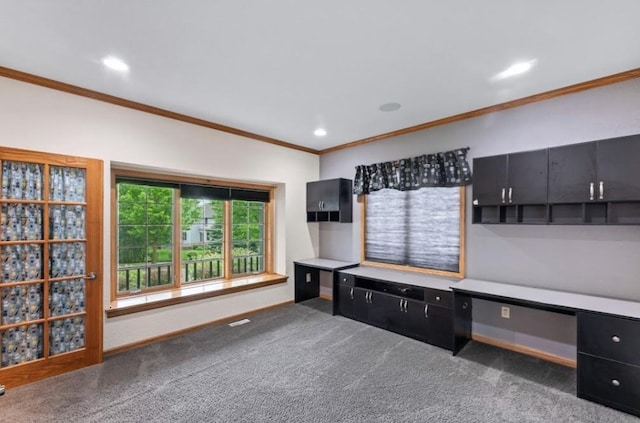 2605 River Ridge Drive, Waukesha, WI 53189 - unfurnished office with crown molding, carpet floors, baseboards, recessed lighting, and built in desk