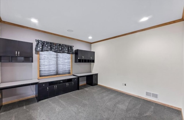 2605 River Ridge Drive, Waukesha, WI 53189 - unfurnished office featuring crown molding, built in study area, recessed lighting, carpet floors, and baseboards