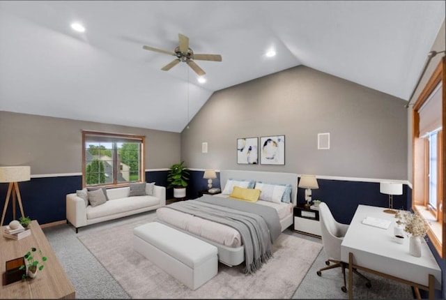 2605 River Ridge Drive, Waukesha, WI 53189 - bedroom with vaulted ceiling, a desk, a ceiling fan, recessed lighting, and carpet flooring