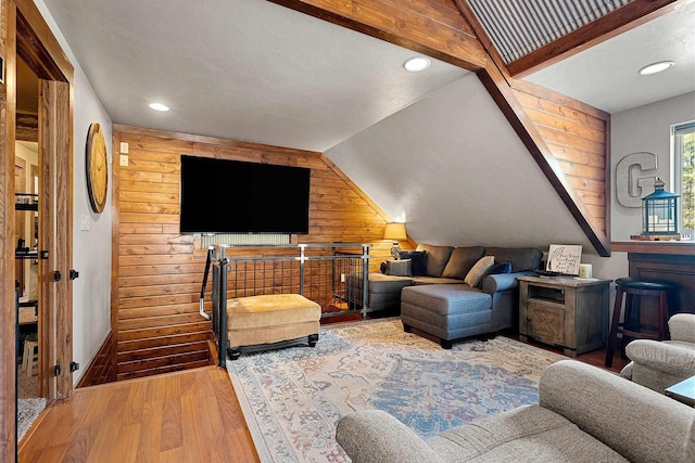 15393 Jacklin Heights Cir, Crivitz, WI 54114 - living room featuring wood finished floors, wood walls, recessed lighting, and vaulted ceiling