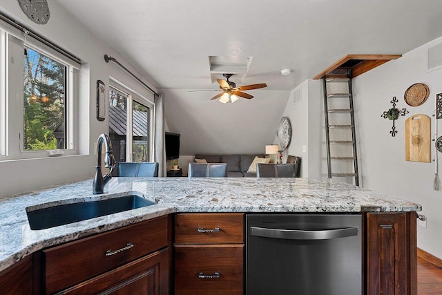 15393 Jacklin Heights Cir, Crivitz, WI 54114 - kitchen with dishwasher, a sink, a ceiling fan, light stone counters, and wood finished floors