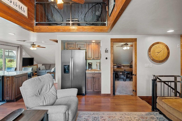 15393 Jacklin Heights Cir, Crivitz, WI 54114 - living room featuring ceiling fan, dark wood-style flooring, recessed lighting, and lofted ceiling
