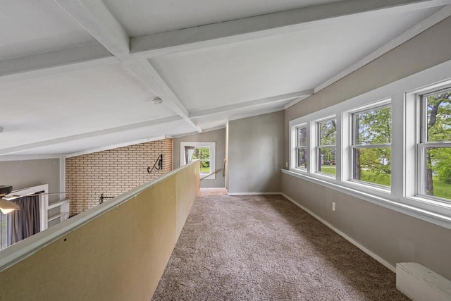 6429 S US Highway 45, Oshkosh, WI 54902 - hallway with plenty of natural light, baseboards, carpet flooring, beam ceiling, and brick wall