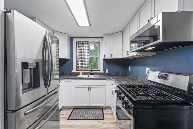 6429 S US Highway 45, Oshkosh, WI 54902 - kitchen with stainless steel appliances, a sink, dark countertops, and white cabinets