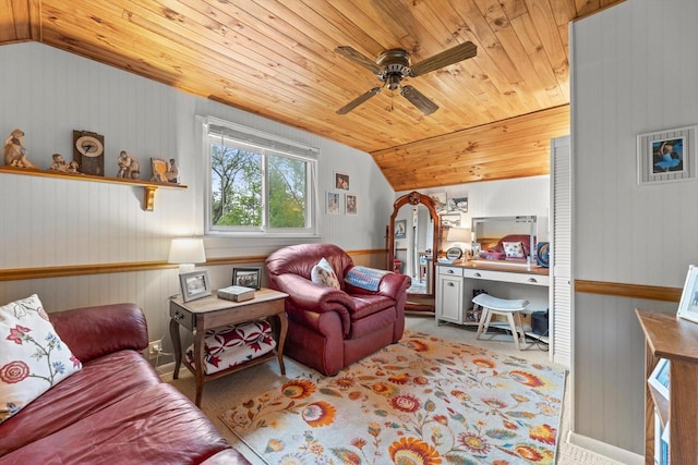 N8991 E Miramar Dr Unit N8993, East Troy, WI 53120 - living room featuring vaulted ceiling, wood ceiling, carpet floors, a ceiling fan, and wooden walls