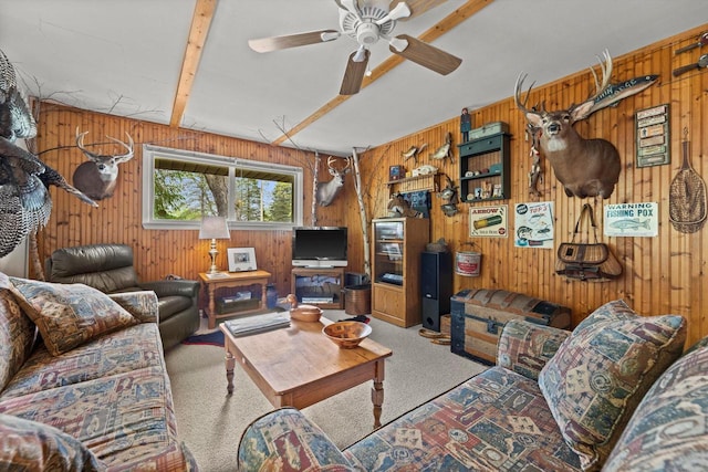 N8991 E Miramar Dr Unit N8993, East Troy, WI 53120 - carpeted living room featuring wooden walls and ceiling fan