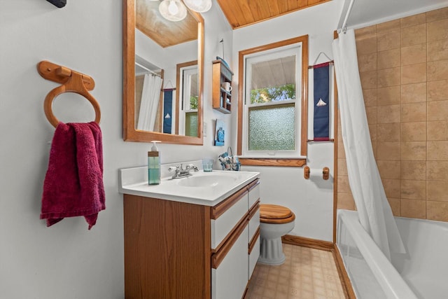 N8991 E Miramar Dr Unit N8993, East Troy, WI 53120 - bathroom with vanity, toilet, shower / tub combo, tile patterned floors, and wooden ceiling