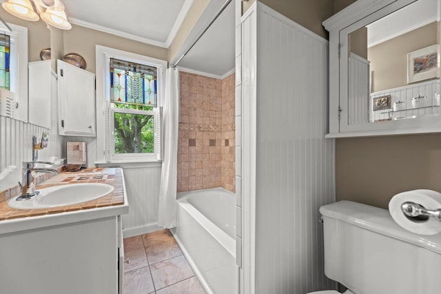 N8991 E Miramar Dr Unit N8993, East Troy, WI 53120 - full bath with crown molding, toilet, vanity, shower / tub combo with curtain, and tile patterned floors