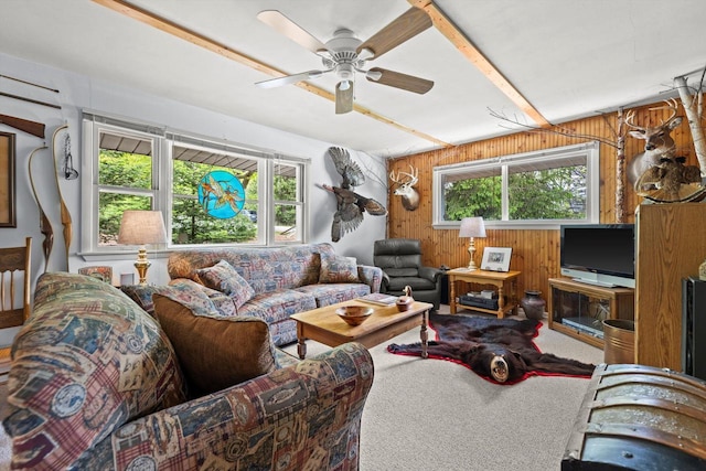 N8991 E Miramar Dr Unit N8993, East Troy, WI 53120 - living room featuring wooden walls, a ceiling fan, and carpet flooring