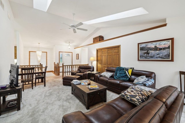 615 Jefferson St, Waterloo, WI 53594 - living area featuring ceiling fan, a skylight, light colored carpet, and high vaulted ceiling