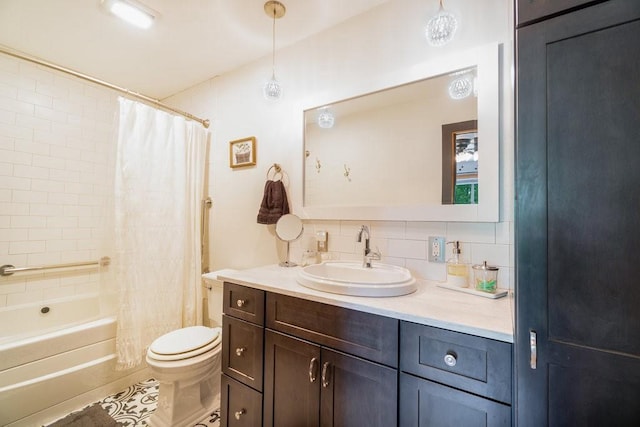 3829 Nicholas Dr, Menomonie, WI 54751 - full bath with toilet, vanity, shower / bath combination with curtain, tile patterned floors, and tasteful backsplash