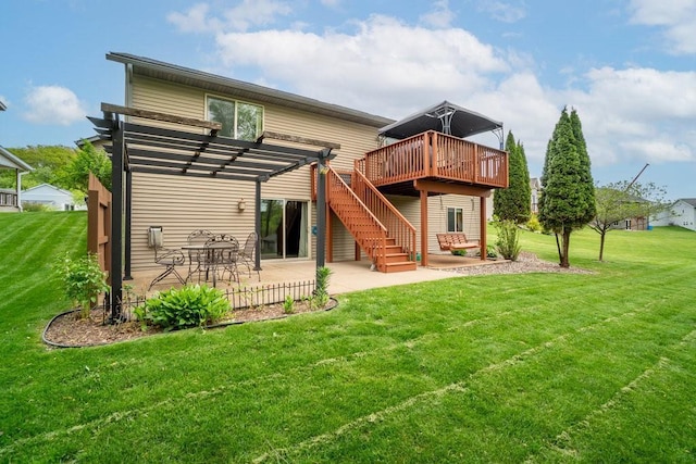 3829 Nicholas Dr, Menomonie, WI 54751 - rear view of house featuring a pergola, a patio area, a wooden deck, and a lawn
