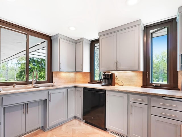 4701 4th St, Kenosha, WI 53144 - kitchen with dishwasher, a sink, gray cabinetry, plenty of natural light, and recessed lighting
