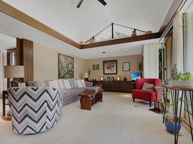 4701 4th St, Kenosha, WI 53144 - living area featuring high vaulted ceiling, light carpet, a ceiling fan, and recessed lighting