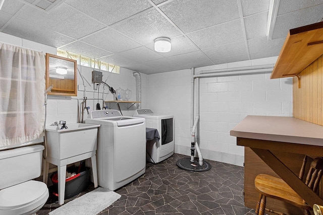 W6023 Lake Dr, Shawano, WI 54166 - washroom with independent washer and dryer and concrete block wall