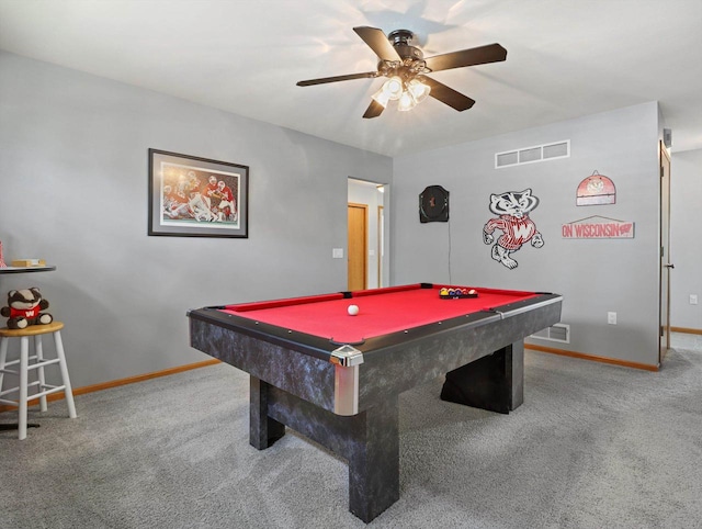 1306 Neponset Trl, Monona, WI 53716 - playroom with carpet flooring, baseboards, pool table, and a ceiling fan