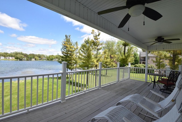 2462 Wallace Lake Rd, West Bend, WI 53090 - wooden deck with a water view, ceiling fan, and a yard