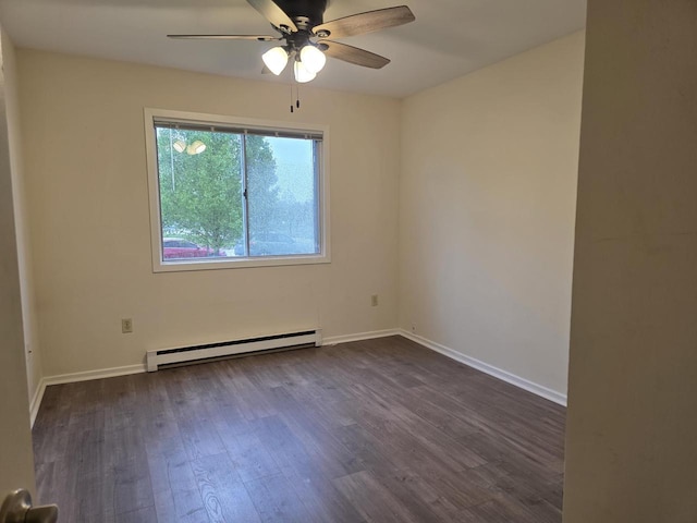 10416 W Whitnall Edge Ct Unit 102, Franklin, WI 53132 - empty room with a baseboard radiator, ceiling fan, dark wood-style flooring, and baseboards