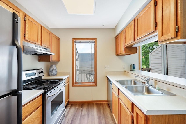 6911 Raymond Rd, Madison, WI 53711 - kitchen with stainless steel appliances, under cabinet range hood, a sink, light wood-style flooring, and light countertops