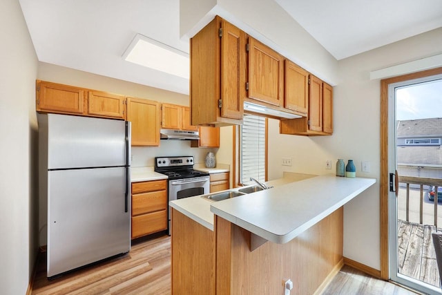 6911 Raymond Rd, Madison, WI 53711 - kitchen featuring appliances with stainless steel finishes, under cabinet range hood, a sink, light wood-style floors, and light countertops