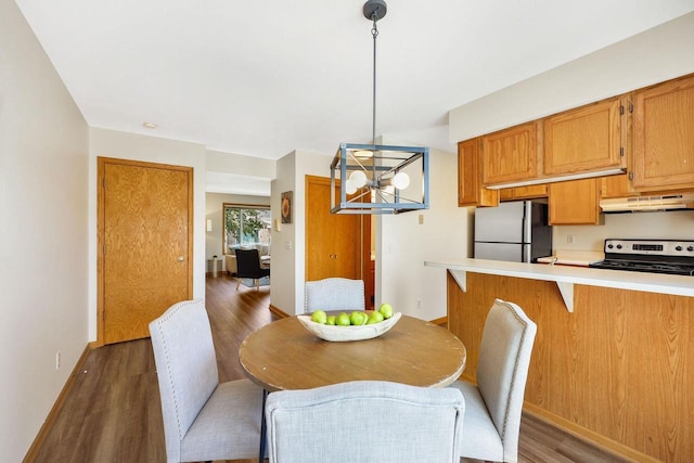 6911 Raymond Rd, Madison, WI 53711 - dining room with wood finished floors, a chandelier, and baseboards