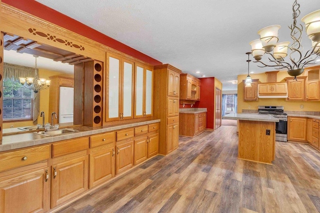 618 Little Fawn Dr, Nekoosa, WI 54457 - kitchen featuring a chandelier, stainless steel range with gas cooktop, a sink, light countertops, and wood finished floors