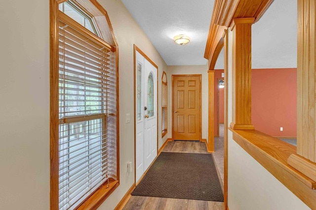 618 Little Fawn Dr, Nekoosa, WI 54457 - doorway to outside featuring dark wood-style flooring, ornate columns, and baseboards