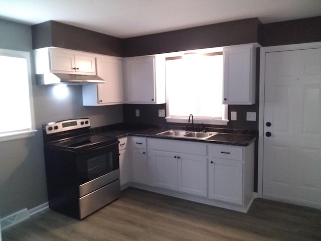 8594 W Villard Ave, Milwaukee, WI 53225 - kitchen with electric range, under cabinet range hood, a sink, dark countertops, and plenty of natural light