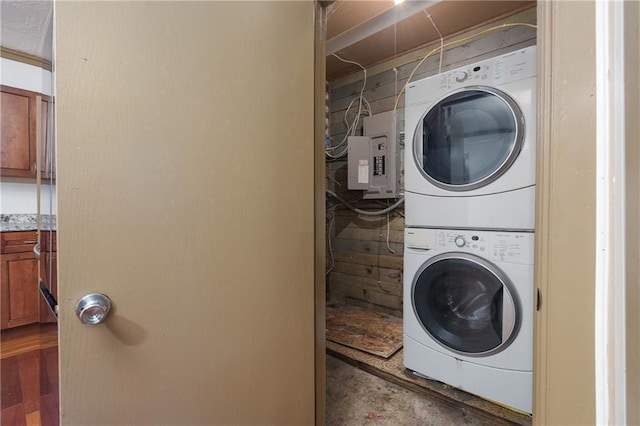 1020 E 10th St, Menomonie, WI 54751 - washroom with stacked washer / dryer and electric panel