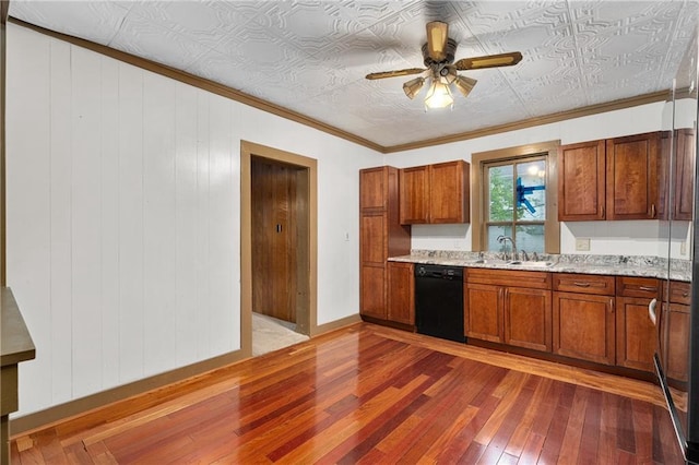 1020 E 10th St, Menomonie, WI 54751 - kitchen with dishwasher, light wood-type flooring, a sink, brown cabinets, and ornamental molding