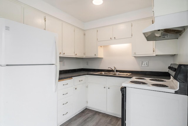 3933 Country Pl Unit D, Sheboygan, WI 53081 - kitchen featuring white appliances, a sink, dark countertops, wood finished floors, and under cabinet range hood