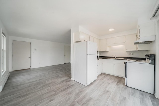 3933 Country Pl Unit D, Sheboygan, WI 53081 - kitchen featuring white appliances, under cabinet range hood, a sink, open floor plan, and dark countertops