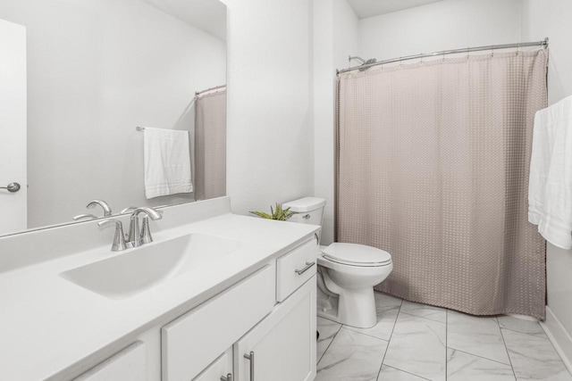 W239N7521 High Ridge Dr, Sussex, WI 53089 - full bath with marble look tile flooring, toilet, vanity, and a shower with shower curtain