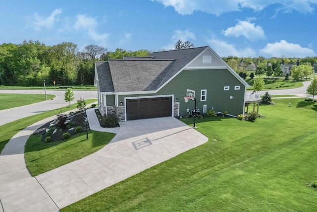W239N7521 High Ridge Dr, Sussex, WI 53089 - view of front facade featuring a garage, driveway, a front lawn, board and batten siding, and stone siding