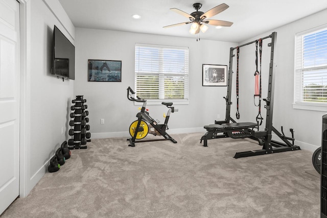 W239N7521 High Ridge Dr, Sussex, WI 53089 - exercise room with ceiling fan, carpet floors, and baseboards