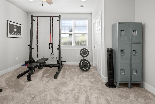 W239N7521 High Ridge Dr, Sussex, WI 53089 - workout area featuring carpet, baseboards, and a ceiling fan