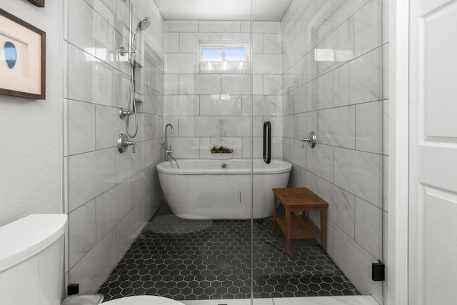 W239N7521 High Ridge Dr, Sussex, WI 53089 - bathroom with tile walls, a freestanding bath, a stall shower, toilet, and tile patterned flooring