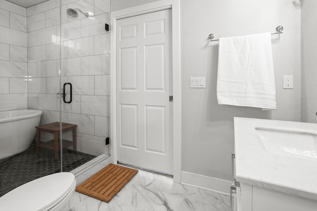 W239N7521 High Ridge Dr, Sussex, WI 53089 - full bathroom featuring marble finish flooring, vanity, a shower stall, baseboards, and a freestanding bath