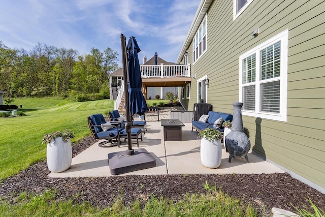 W239N7521 High Ridge Dr, Sussex, WI 53089 - view of patio / terrace featuring an outdoor fire pit, stairway, and a deck