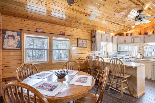 134 Glen View Dr Unit 44, Wisconsin Dells, WI 53965 - dining area featuring wooden walls, wood ceiling, ceiling fan, dark wood-style flooring, and lofted ceiling