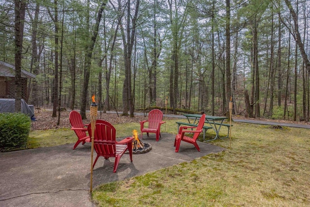134 Glen View Dr Unit 44, Wisconsin Dells, WI 53965 - view of grassy yard featuring an outdoor fire pit, a view of trees, and a patio