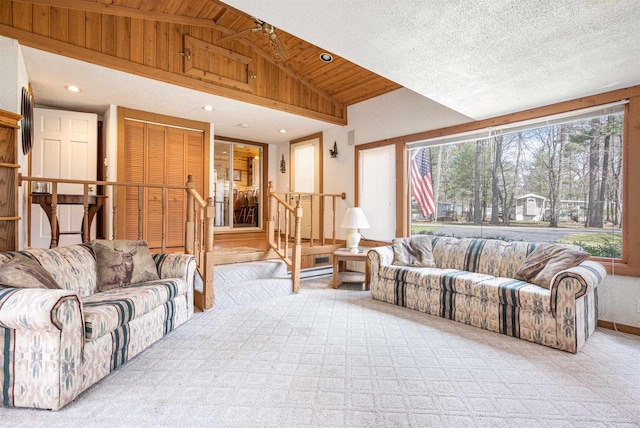 134 Glen View Dr Unit 44, Wisconsin Dells, WI 53965 - carpeted living area with lofted ceiling, recessed lighting, and wood ceiling