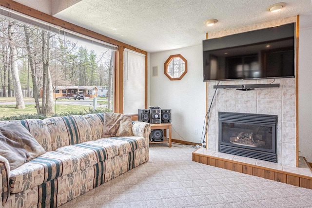 134 Glen View Dr Unit 44, Wisconsin Dells, WI 53965 - living area featuring carpet, a fireplace, baseboards, and a textured ceiling