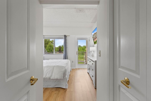 335 Wrigley Dr Unit 411, Lake Geneva, WI 53147 - bedroom with light wood-type flooring, access to outside, and a textured ceiling