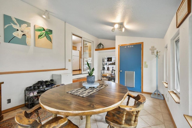 3609 Brigham Ave, Madison, WI 53714 - dining space with light tile patterned flooring, baseboards, a textured ceiling, and lofted ceiling