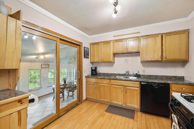 3609 Brigham Ave, Madison, WI 53714 - kitchen featuring black dishwasher, range with gas stovetop, a sink, ornamental molding, and dark countertops