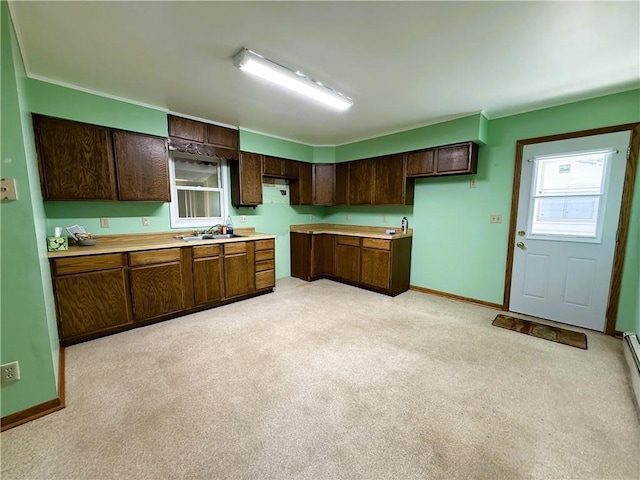 N4719 Schmidt Rd, Ladysmith, WI 54848 - kitchen with a sink, dark brown cabinetry, baseboards, and light carpet