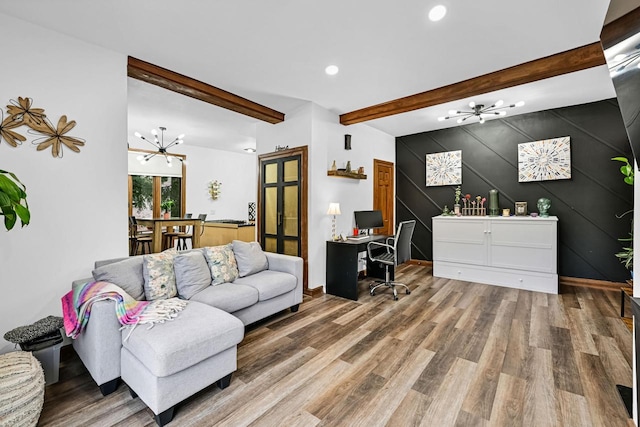 2504 S Delaware Ave Unit 102, Milwaukee, WI 53207 - living room featuring a chandelier, an office area, beam ceiling, wood finished floors, and recessed lighting